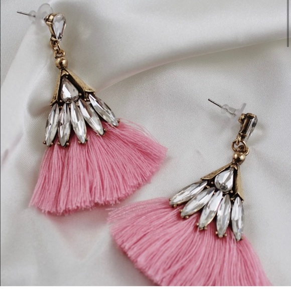NWOT - Pink Cotton Tassel Crystal Earrings - Picture 6 of 7